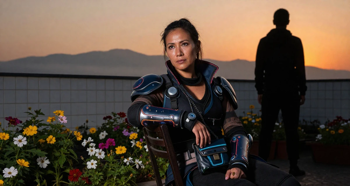 A reflective Female From Madagascar, majored in ecotourism in their 50, proof that life begins at fifty, wearing a cyberpunk street samurai gear with neon accents, holding a purse tightly in a blooming flower garden.