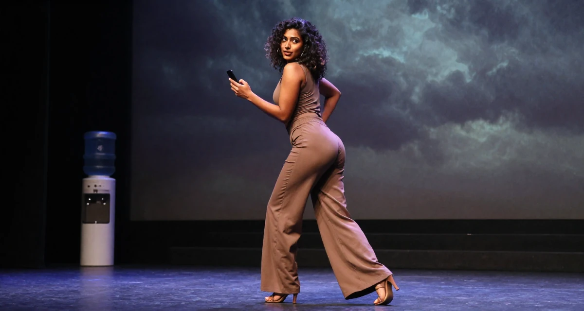 A playful Female From Sri Lanka, studied digital commerce in their 22, transitioning to more confident, sensual poses, wearing a fitted bodysuit and wide-leg dress pants, scrolling casually in a theater stage.
