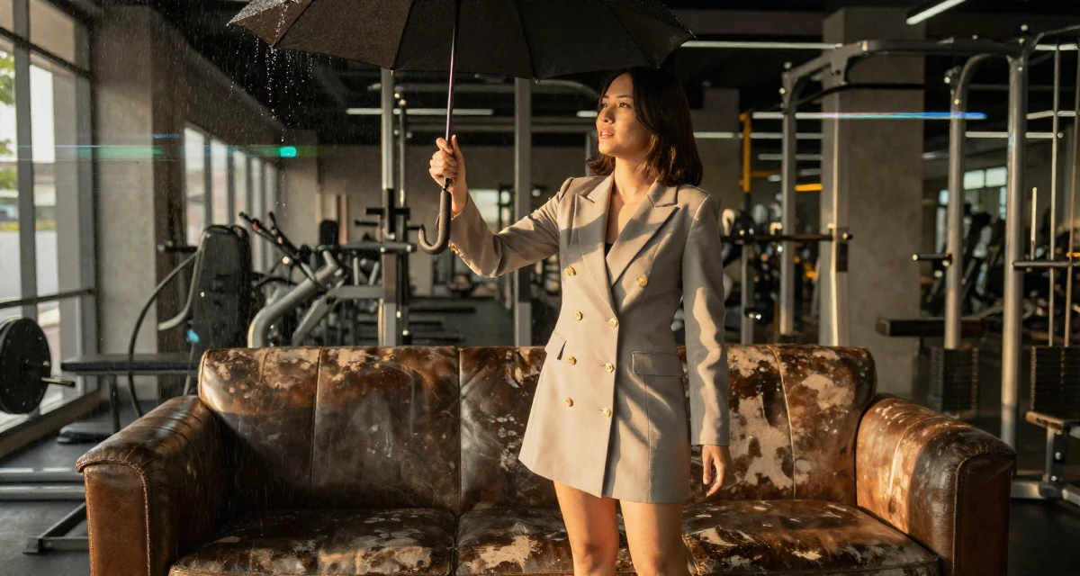 A zen-like Female From Penang Malaysia, studied UI/UX design in their 36, preparing for a second child, wearing a double-breasted blazer dress with gold buttons, shaking rain off an umbrella in a gym interior.