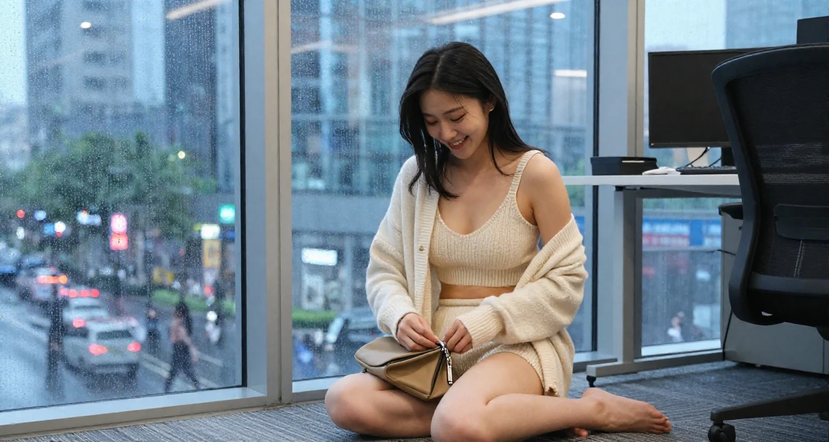 A delighted Female From China, studied computer graphics in their 22, trying to scale content while keeping privacy safe, wearing a knitted bralette and a matching cardigan with shorts, zipping up a bag in a office workspace.