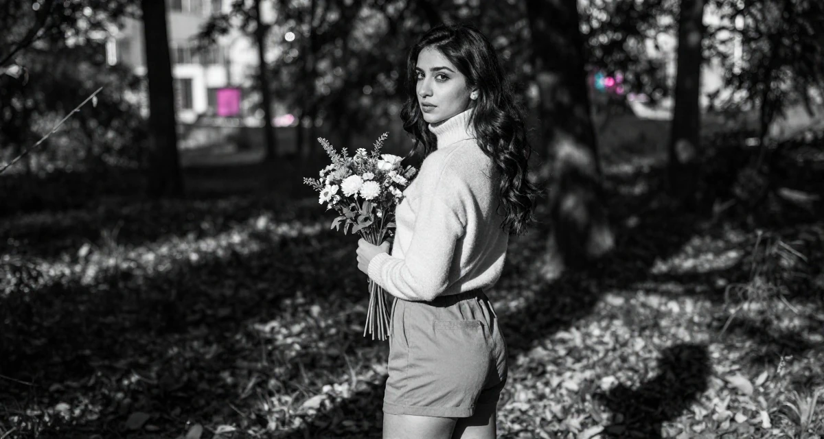 A contemplative Female Born in Iran, majored in multimedia communication in their 23, exploring flirty aesthetics while staying within comfort zones, wearing a turtleneck sweater tucked into high-waisted shorts, holding a bouquet in a magical forest clearing.