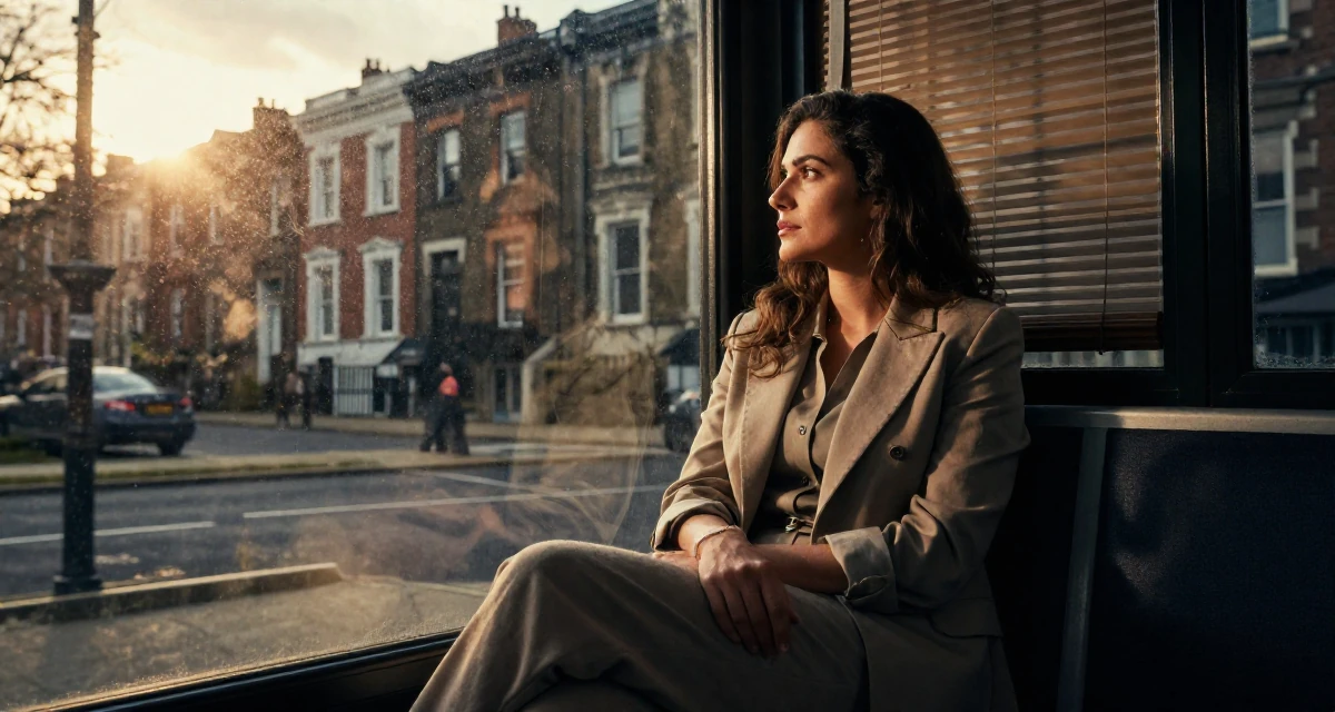 A contemplative Female Raised in the UAE, studied consumer behavior analytics in their 30, recovering workaholic learning to relax, wearing a muted earth-tone clothing set, looking out the window in a bus stop.