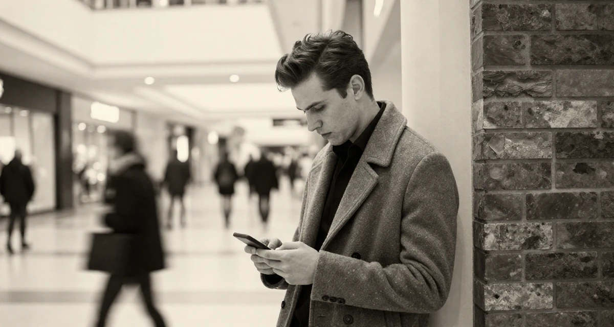A lonely male From Hungary, based in Debrecen, graduated from a fashion program majoring in bold thematic styling in their 20, looking for their tribe in a new city, wearing a elegant woolen coat styling, inspecting an object in a shopping mall atrium.