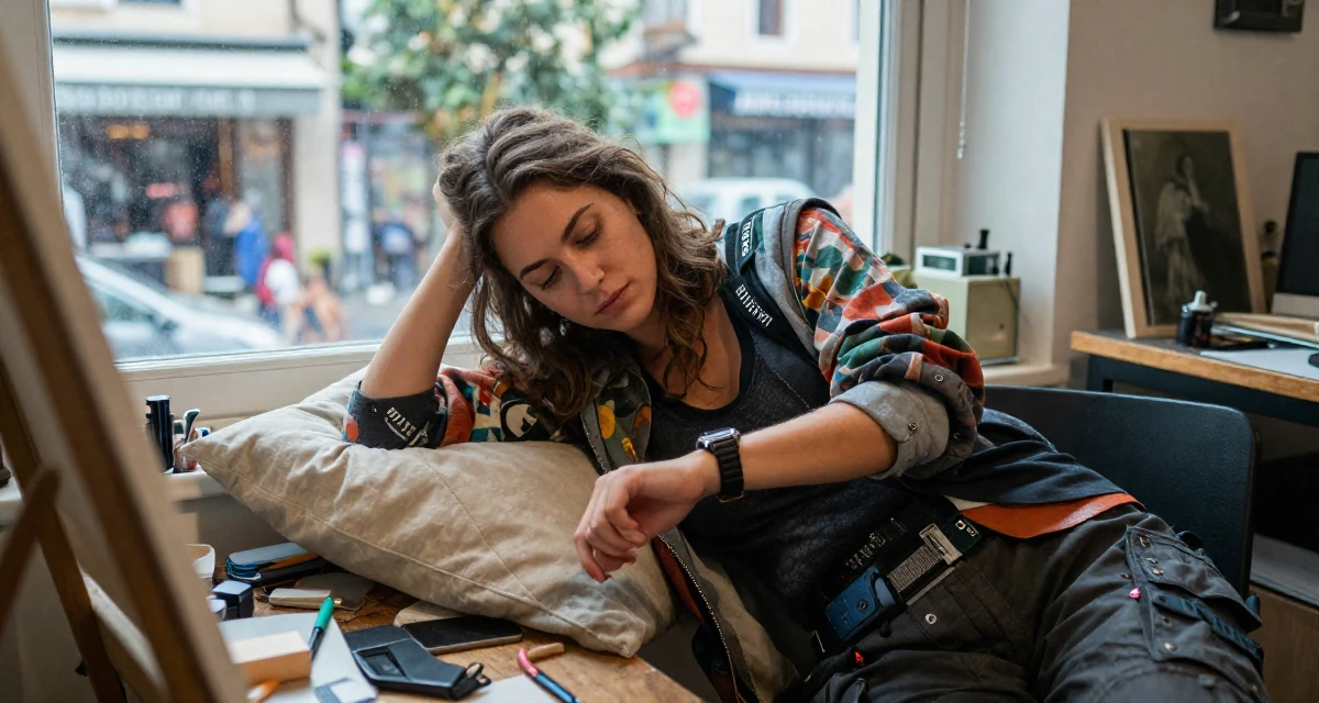 A contented Female From Greece, studied classical studies and history in their 29, managing emotional burnout disguised as “taking a break”, wearing a artistic layered clothing, checking a wristwatch in a messy artist studio.