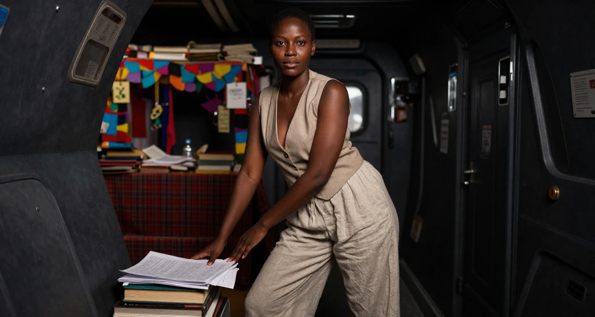A proud Female From Tanzania, studied wildlife conservation in their 25, setting long-term goals for subscriptions and renewals, wearing a sleeveless vest top and wide-leg linen pants, smoothing out clothes in a spaceship corridor.