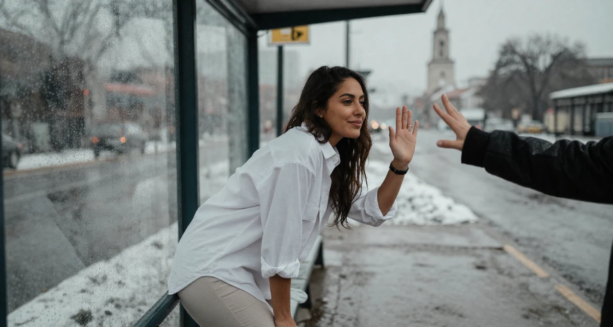 A sultry Female From Nicaragua, majored in sports science in their 25, realizing no one teaches emotional labor in creator work, wearing a oversized white shirt with sleeves rolled up and slim trousers, waving to someone in a bus stop in the rain.
