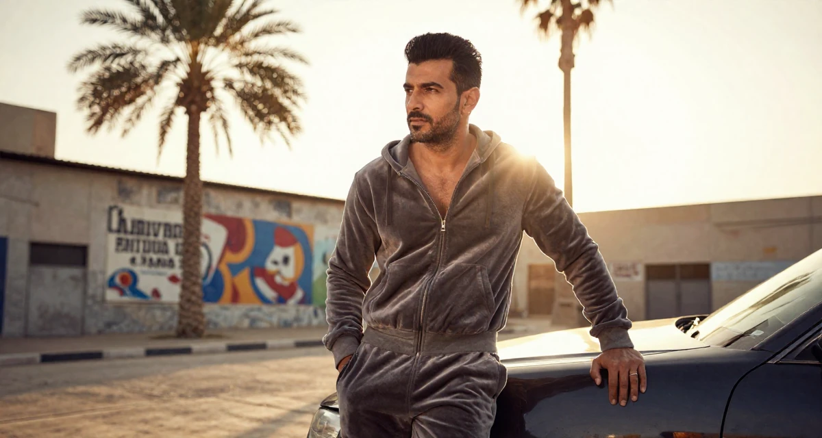 A focused male From Abu Dhabi UAE, studied finance and banking in their 25, defining a mature, seductive but classy persona, wearing a velour tracksuit with a cropped zip-up hoodie, glancing over the shoulder in a industrial loft.