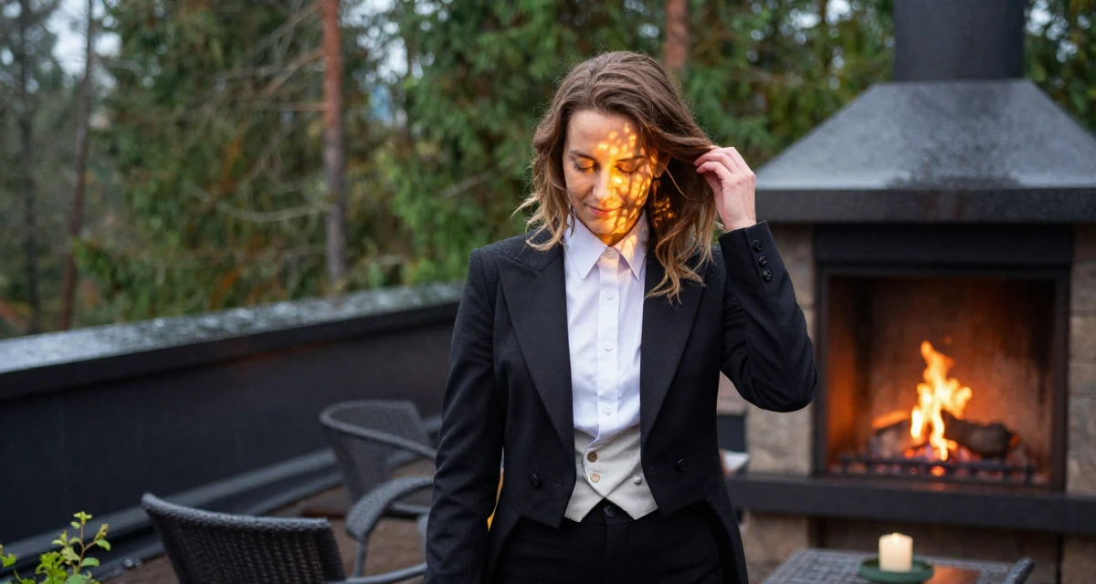 A gentle and kind Female From Tampere Finland, learned intimate storytelling through slow-mode videography in their 42, restarting career after burnout, wearing a circus ringmaster outfit with a tailcoat, fixing a loose strand of hair in a rooftop terrace.