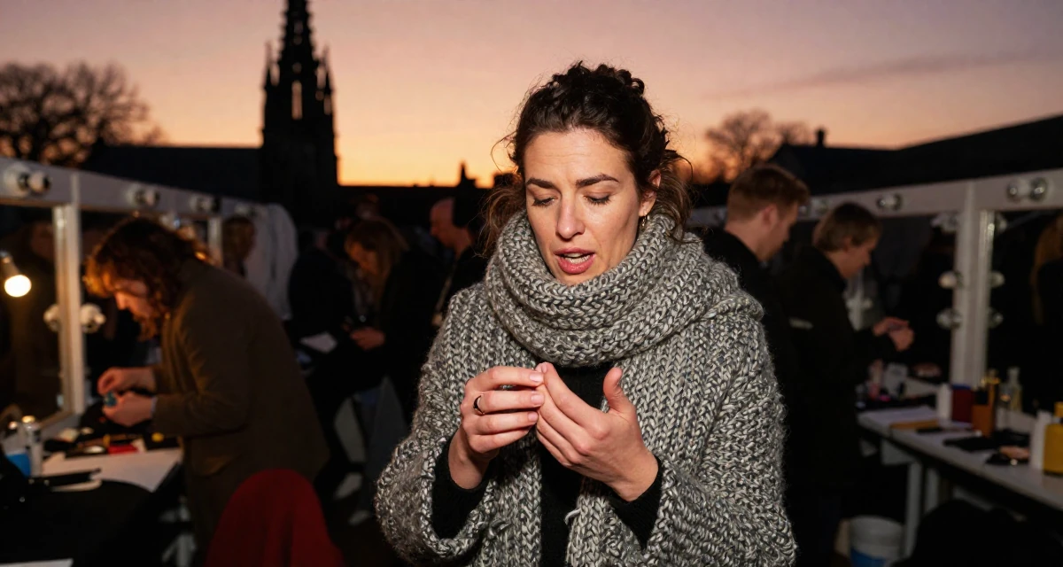 A energetic Female From UK, studied criminology in their 41, rediscovering personal style after forty, wearing a heavy knit scarf and coat, inspecting fingernails in a backstage dressing room.
