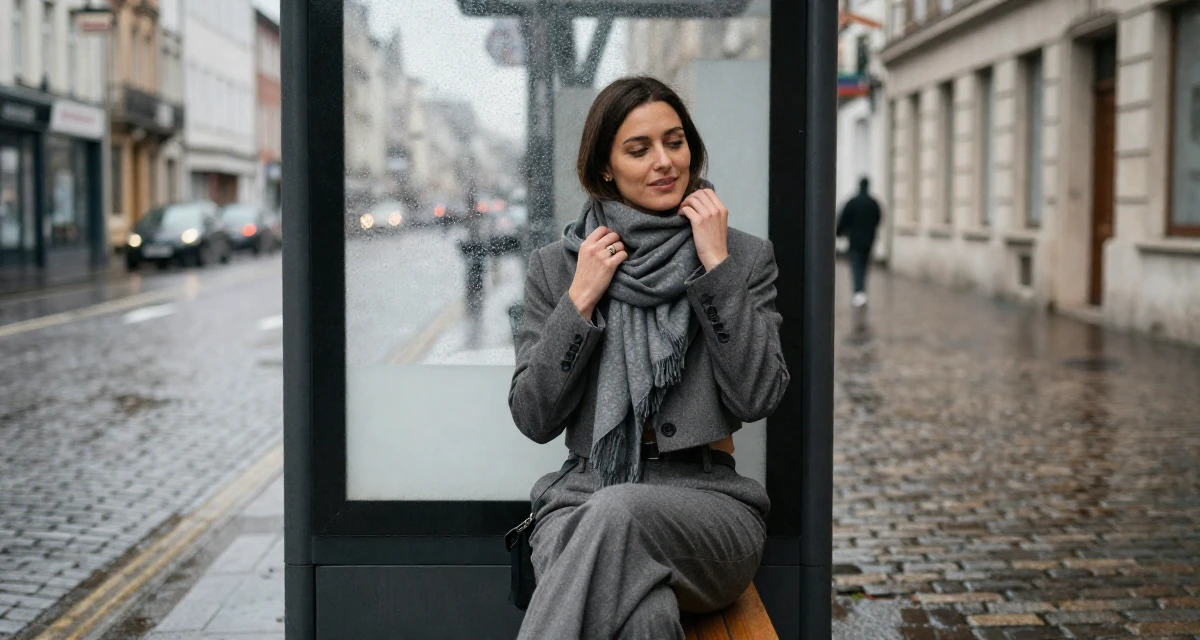 A lighthearted Female Former geography club member, now producing exploration-themed content in their 41, tech executive pivot to digital content creation, wearing a cropped blazer and high-waisted trousers set, adjusting a scarf in a bus stop.