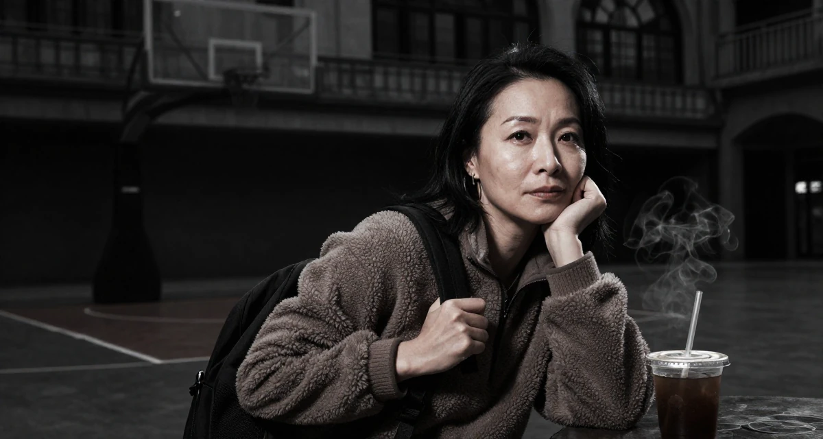 A calm and confident Female From Chengdu China, self-taught photographer with nightlife roots in their 40, facing mid-career uncertainty, wearing a cozy fleece pullover, adjusting a backpack strap in a basketball court.