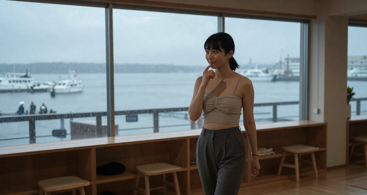 A friendly Female From Osaka Japan, holds a degree in animation design in their 25, balancing school assignments with content ideas, wearing a cropped bustier top and high-waisted slacks, touching the chin thoughtfully in a yoga studio.