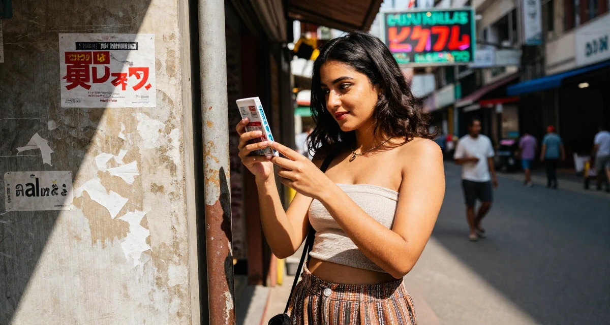 A carefree Female Born in Nepal, studied urban planning in their 24, exploring opportunities for self-expression, wearing a cropped bustier top and high-waisted slacks, examining a product in a urban street.