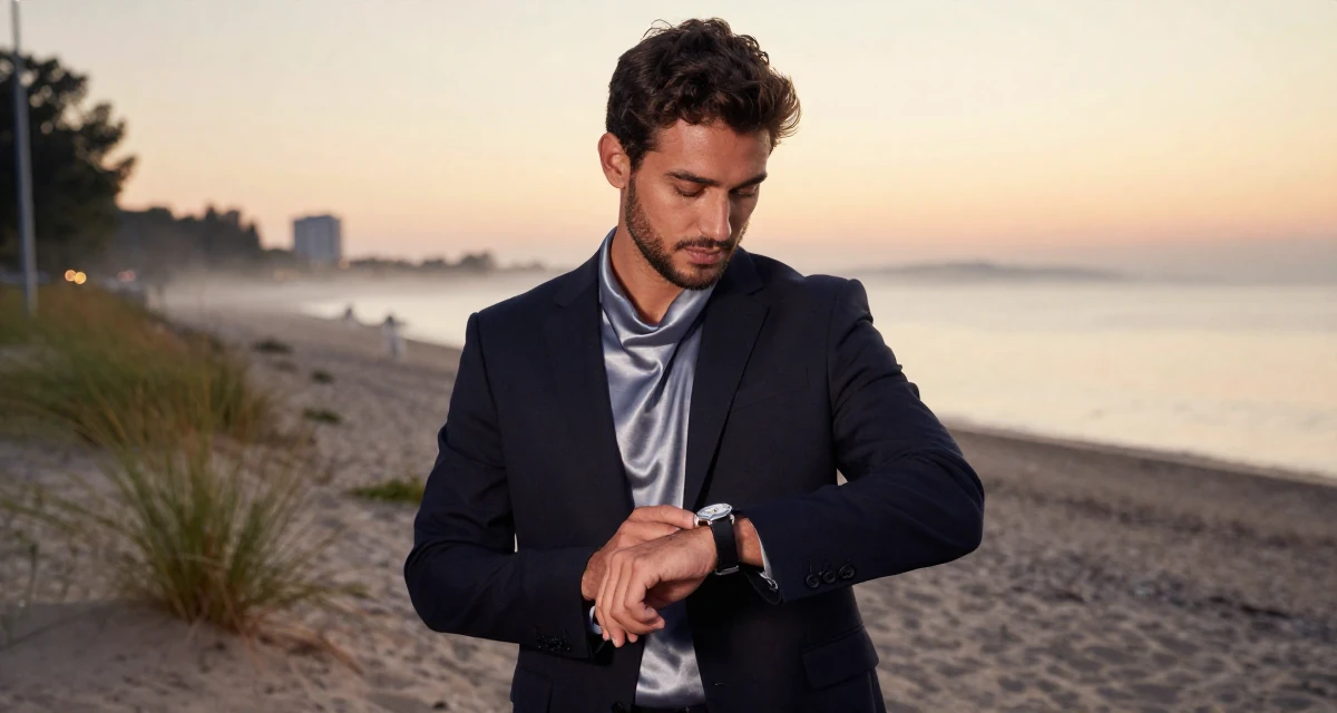 A sensual male From Luxembourg, studied European business law in their 21, exploring the city nightlife until sunrise, wearing a satin cowl neck top under a business suit, glancing at a wristwatch in a sunset beach.