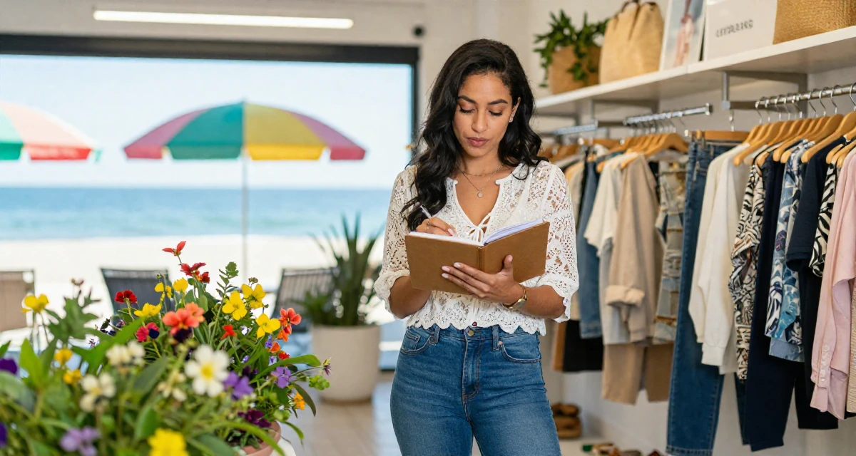 A bold and charismatic Female From USA, studied supply chain management in their 33, documenting a cross-country road trip, wearing a lace-up front top and skinny jeans, writing in a notebook in a clothing boutique.