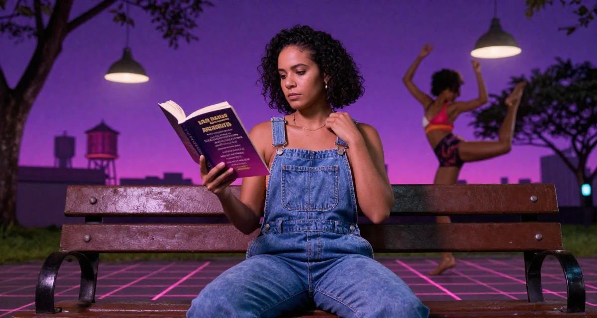 A humble Female From São Paulo Brazil, practiced samba dance and sensual movement in their 34, reviewing books and sharing reading lists, wearing a relaxed dungarees or overalls, fixing a collar in a park bench.