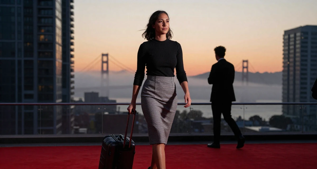 A mellow Female From Toronto Canada, studied criminology in their 23, refining video style through trial and error, wearing a fitted ribbed top and a check pattern skirt, pulling a suitcase in a red carpet event.