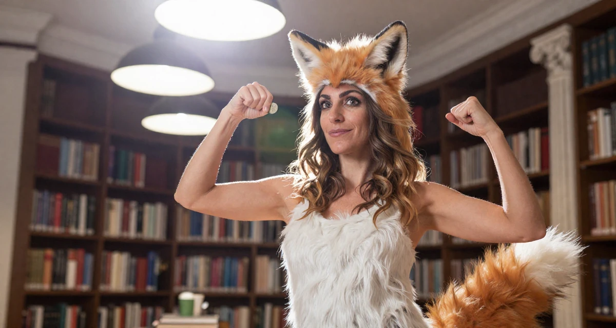 A contented Female From Spain, based in Valencia, graduated from a communication institute majoring in digital storytelling in their 47, revitalizing a marriage after twenty years, wearing a fox spirit (kitsune) outfit with fluffy ears and tails, flipping a coin in a quiet library corner.