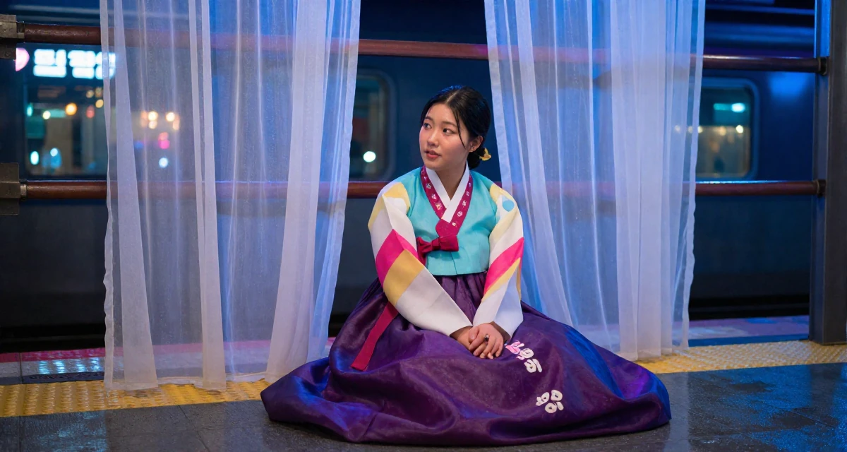 A soulful Female Former veterinary assistant, now sharing soft pet-inclusive content in their 33, embracing a solo travel lifestyle, wearing a traditional hanbok modified for a modern look, rolling up sleeves in a train platform.