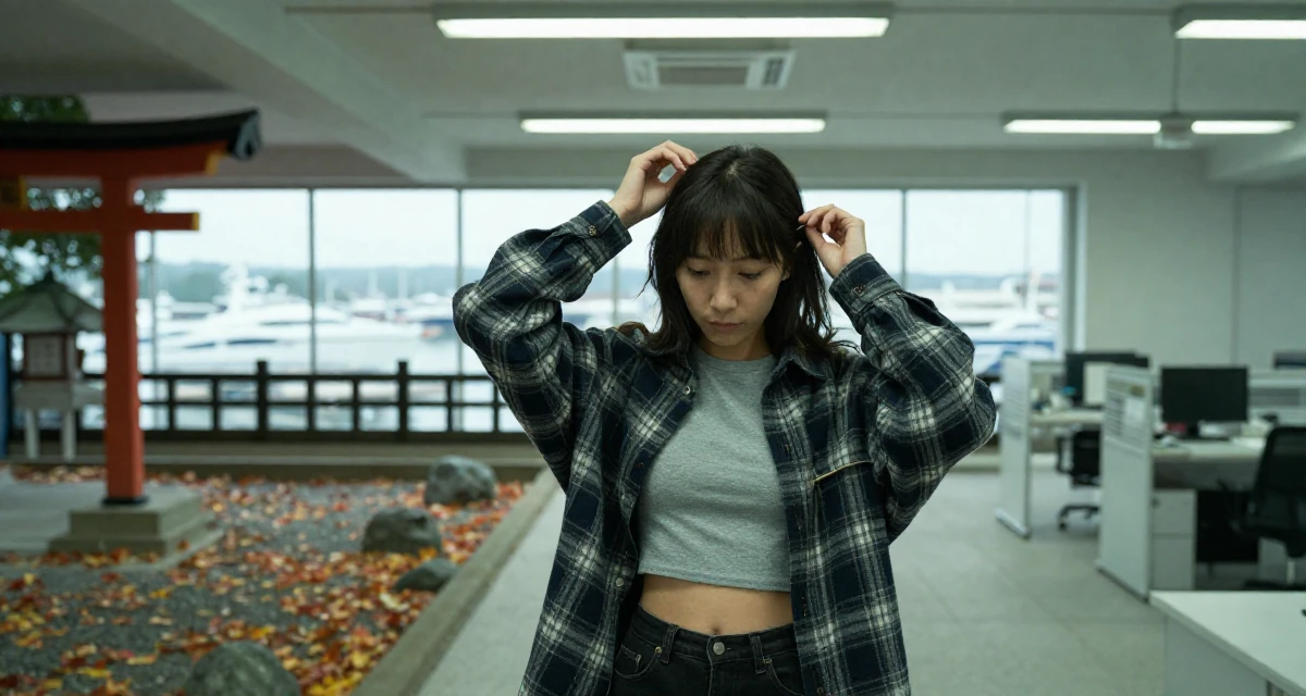 A cool and collected Female Born in Colombia, majored in media innovation in their 25, transitioning from teenage habits to adult routines, wearing a oversized flannel shirt unbuttoned over a crop top, adjusting a hairpin in a Japanese Shinto shrine.
