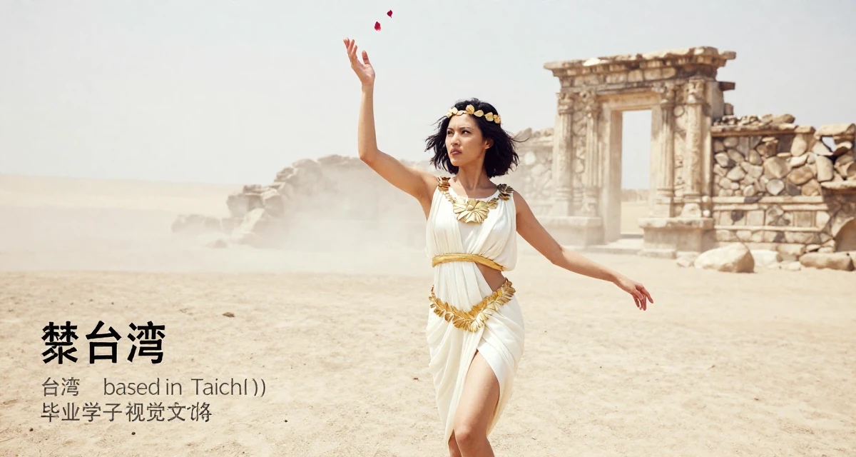A defiant Female From Taiwan, based in Taichung, graduated from an arts academy majoring in visual storytelling in their 22, learning workplace expectations and boundaries, wearing a greek goddess toga with gold leaf accessories, catching a falling flower petal in a desert landscape.