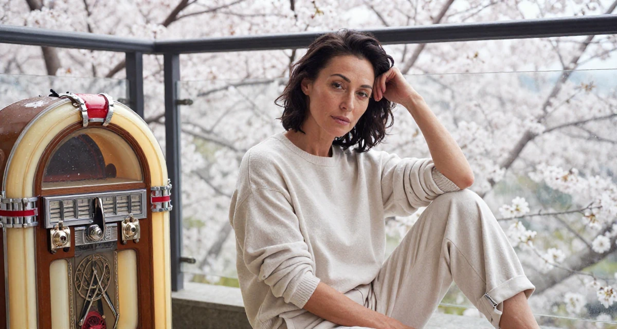 A aloof but intriguing Female Former library assistant, now creating cozy reading-corner aesthetics in their 60, rediscovering passions, wearing a clean, neutral-toned casual outfit, tucking hair behind an ear in a luxury penthouse balcony.