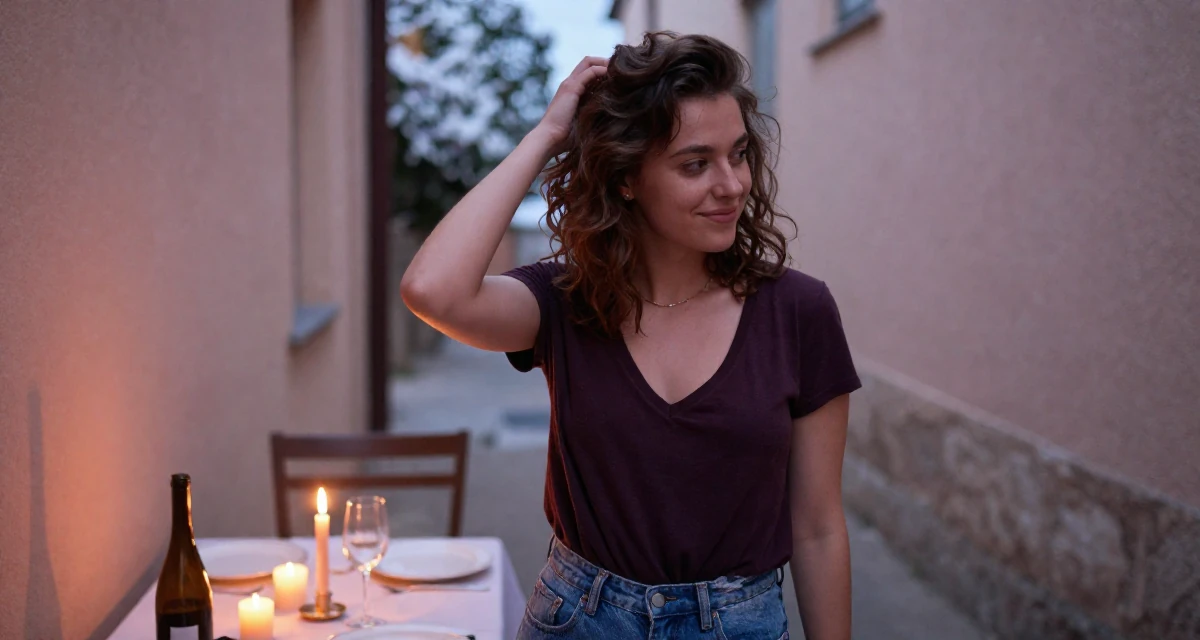 A relaxed and happy Female Once an art school dropout, now a self-taught creator with signature style in their 22, joining creator communities for tips and support, wearing a deep v-neck t-shirt and distressed denim shorts, glancing over the shoulder in a quiet alleyway.