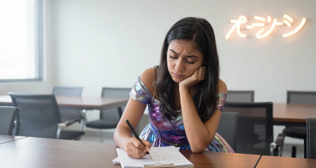 A sentimental Female From Costa Rica, studied environmental engineering in their 20, unsure of their major but faking confidence, wearing a galactic princess gown with metallic fabrics, sketching on a pad in a conference room.