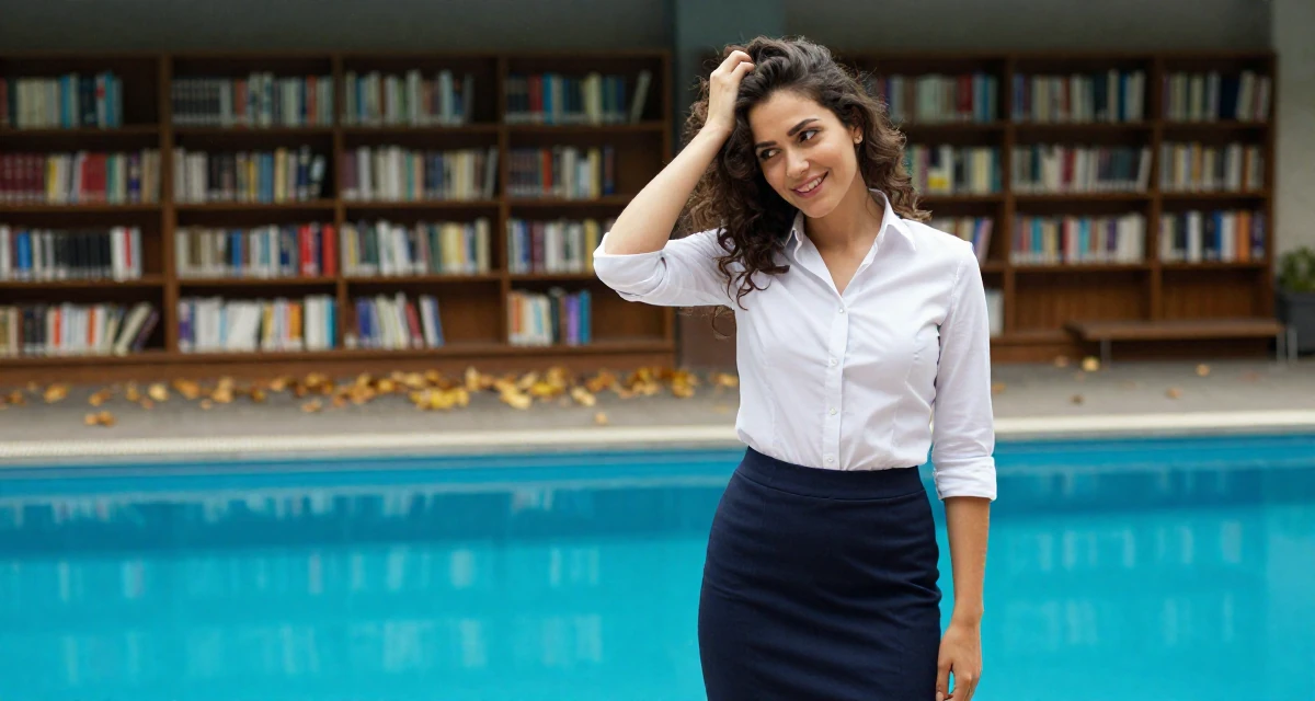 A upbeat Female Once a sewing hobbyist, now designing outfits for her shoots in their 25, navigating emotionally intense relationships, wearing a office lady pencil skirt and tight white shirt, scratching the head in confusion in a swimming pool.