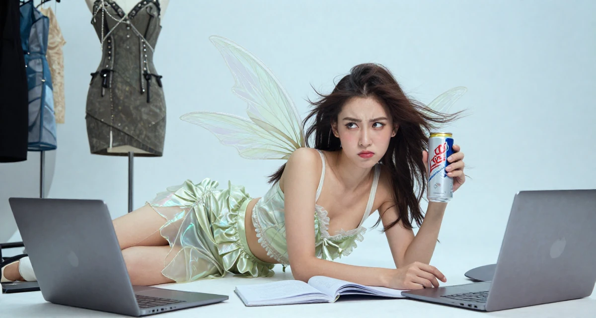 A sarcastic Female From Bangkok Thailand, studied tourism management in their 25, crafting a cute–seductive persona while studying full-time, wearing a fairy costume with translucent iridescent wings, holding a beverage can in a fashion design studio.