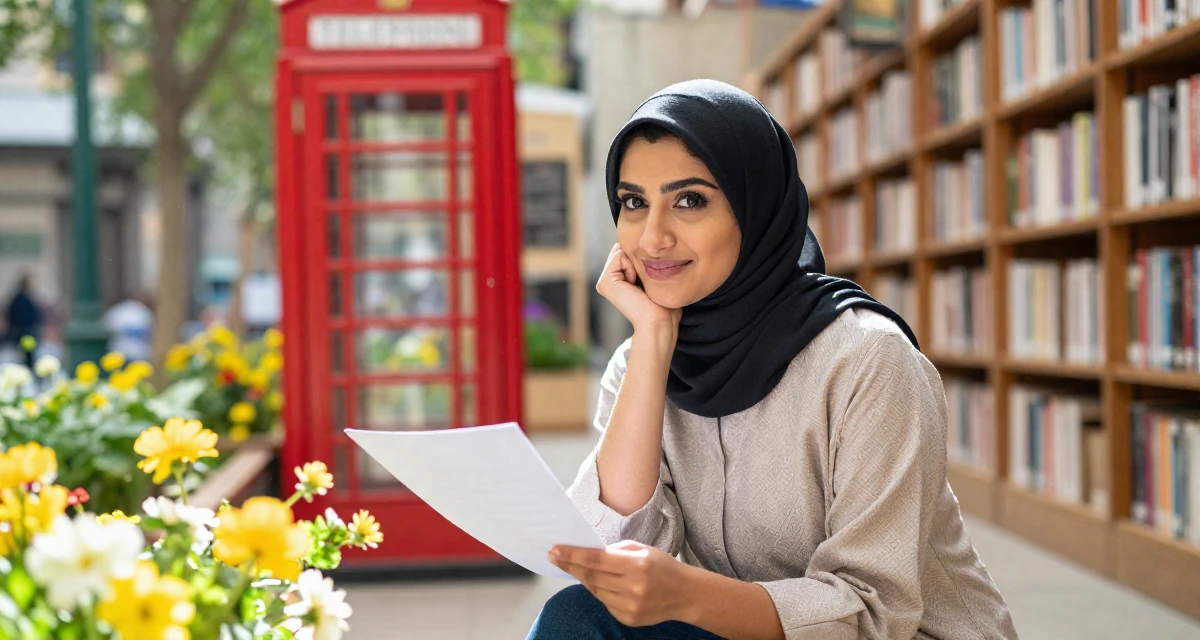 A victorious Female From Abu Dhabi UAE, studied finance and banking in their 25, learning resilience through financial instability, wearing a refined casual Friday look, holding a piece of paper in a bookstore aisle.