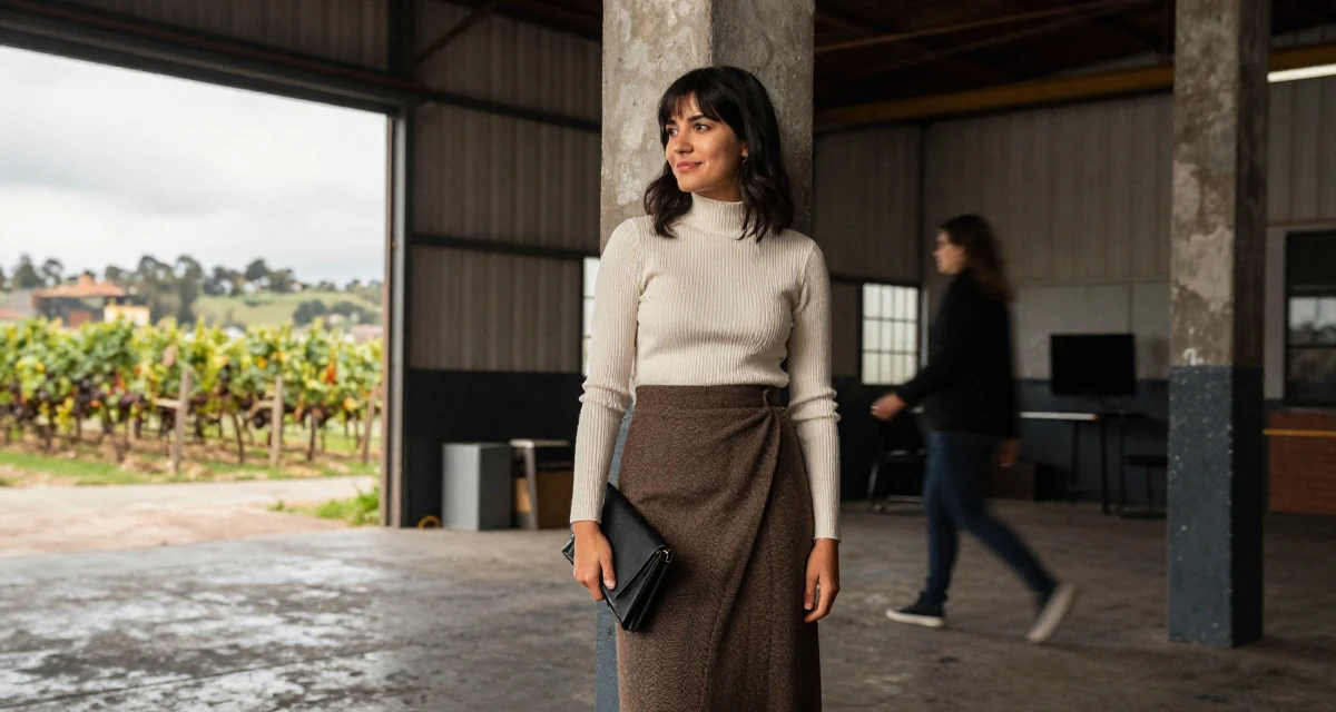 A smiling gently Female From Bolivia, based in Santa Cruz, graduated from a media academy majoring in creative strategy in their 25, learning to balance creativity with subscriber expectations, wearing a ribbed mock neck top and a long wool skirt, clutching a clutch bag in a industrial warehouse.