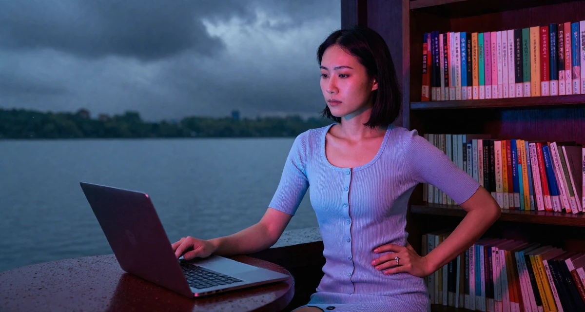 A solemn but kind Female From Wuhan China, learned social media branding through indie projects in their 30, freelancing after a layoff, wearing a ribbed cotton dress with buttons down the front, playing with a ring in a serene lakeside dock.