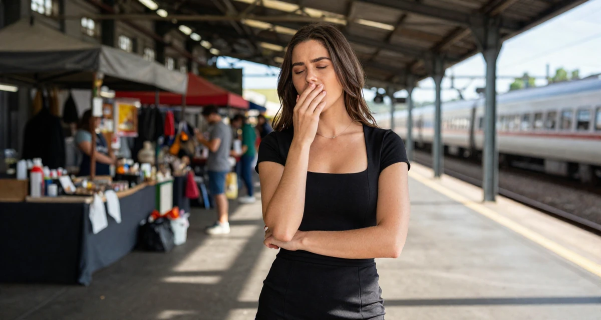 A warmhearted Female Former accountant in her 30s, now creating fitness-driven fan content in their 23, looking sophisticated but feeling lost inside, wearing a fitted black dress with a square neckline, stifling a yawn in a industrial warehouse.