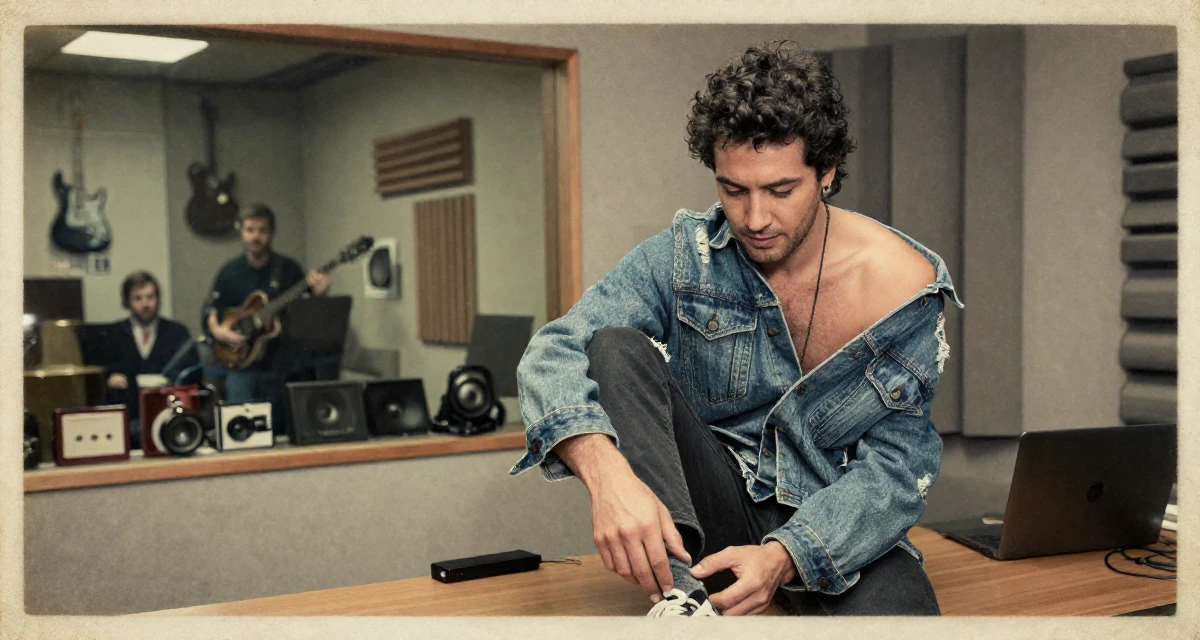 A sentimental male Previously a hotel receptionist, now a travel-inspired content creator in their 31, exploring local culture and hidden gems, wearing a denim jacket worn off-shoulder over a tube top, resting hands on a table in a music studio.