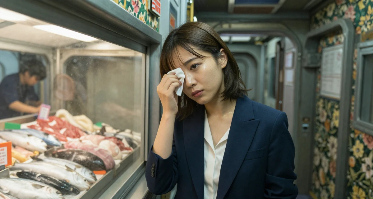 A sophisticated Female From Japan, majored in animation in their 22, learning to advocate for personal boundaries, wearing a smart casual blazer ensemble, wiping sweat from the brow in a spaceship corridor.