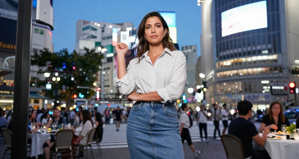 A proud Female Born in Greece, majored in content creation & storytelling in their 48, fitness instructor focused on mobility and strength, wearing a striped button-down shirt tucked into a denim pencil skirt, adjusting sleeves in a banquet hall.