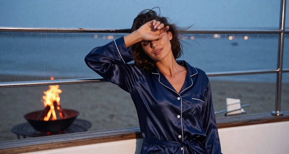 A lighthearted Female From Munich Germany, studied fitness conditioning and physique training in their 26, balancing sensual branding with mental exhaustion, wearing a satin pajamas set with the top unbuttoned, shielding face from the wind in a yacht deck.
