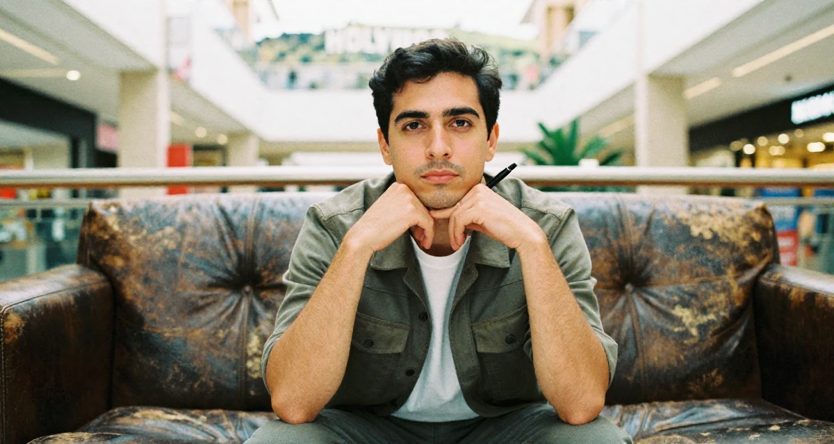 A poised male Grew up in Argentina, majored in audiovisual production in their 33, creating content about healthy meal prepping, wearing a modern utilitarian outfit, holding a pen poised to write in a shopping mall atrium.