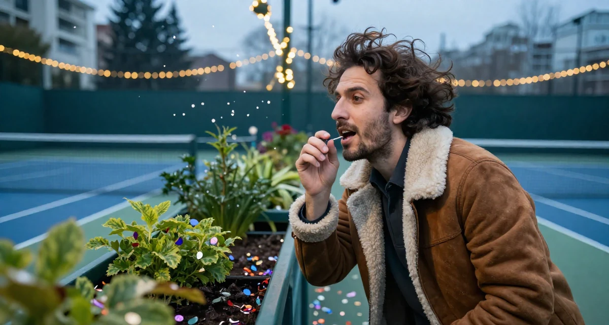 A enthusiastic male From Israel, studied behavioral economics in their 31, sharing tips on modern urban gardening, wearing a warm shearling jacket, humming a tune visually in a tennis court.