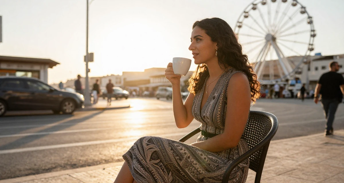 A glowing Female From Morocco, based in Casablanca, graduated from a cultural college majoring in expressive movement studies in their 23, experimenting with soft teasing videos, wearing a sophisticated midi dress, holding a cup of coffee in a busy intersection.