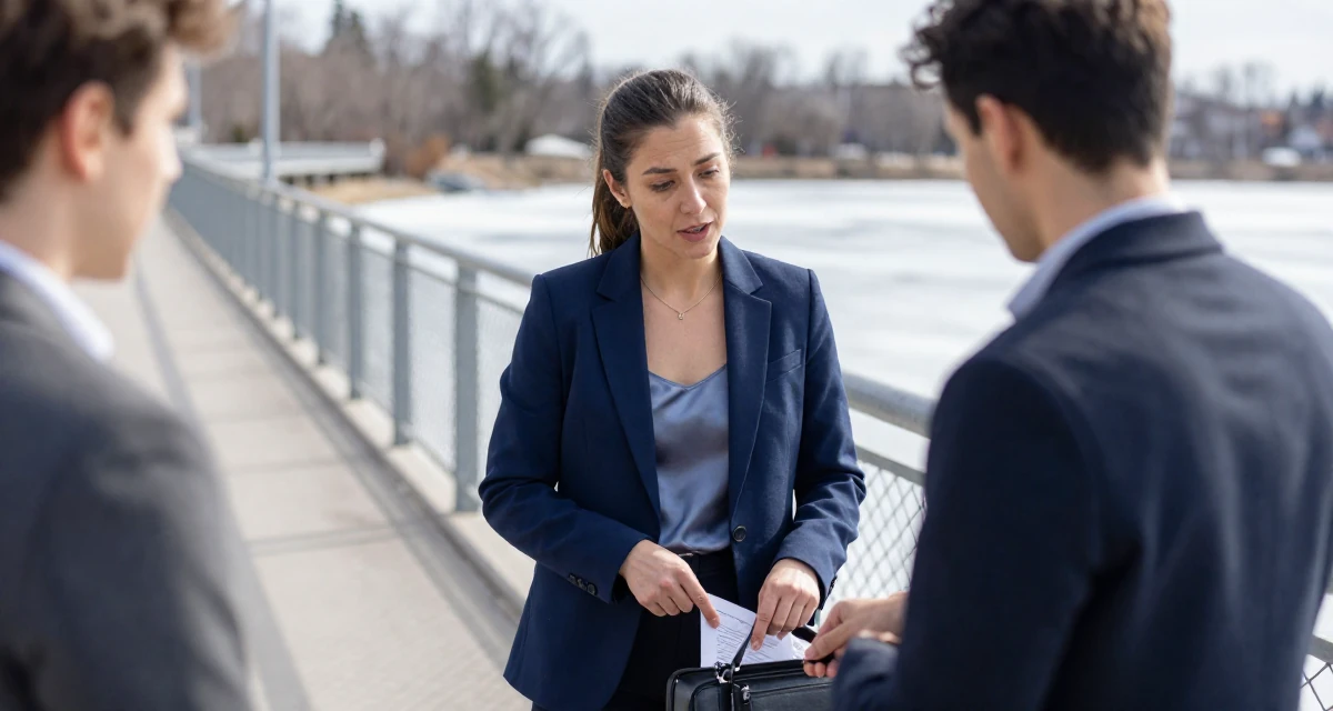 A passionate Female From Canada, has a diploma in graphic design in their 43, mentoring young professionals in the field, wearing a crisp navy blue blazer over a silk camisole and trousers, closing a bag in a bridge walkway.