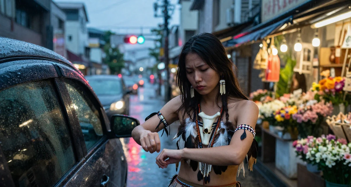 A gently serious Female From Japan, studied English literature in their 21, feeling the anxiety of impending graduation, wearing a tribal shaman outfit with feathers and bones, adjusting sleeves in a neon-lit alleyway.