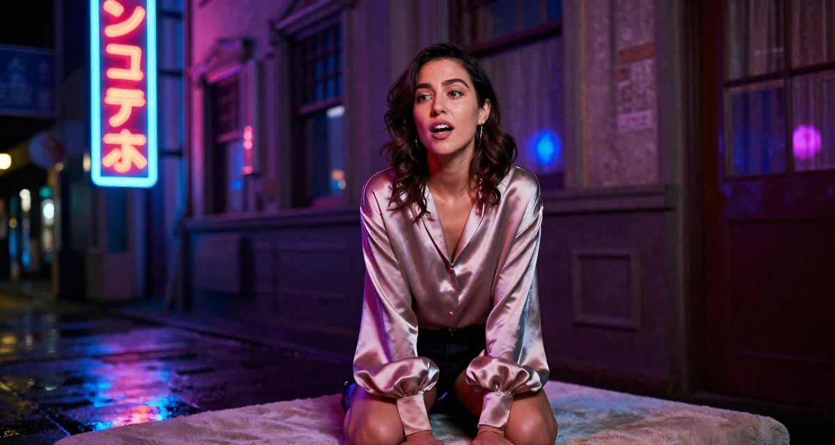 A open and honest Female Previously a hairstylist, now showcasing transformation-driven content in their 32, building a side hustle while working full-time, wearing a silk blouse with oversized cuffs, shivering slightly in a historic downtown.