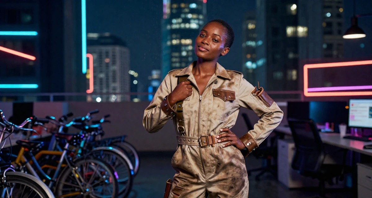 A relaxed Female From Mombasa Kenya, studied hospitality in their 24, taking care of their physical health consistently, wearing a steampunk mechanic jumpsuit with grease stains, gripping a lapel in a office workspace.