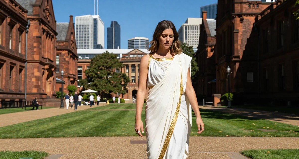 A tired Female From Australia, studied event management in their 42, focused on stability over ambition, wearing a greek goddess toga with gold leaf accessories, playing with a ring in a university campus.