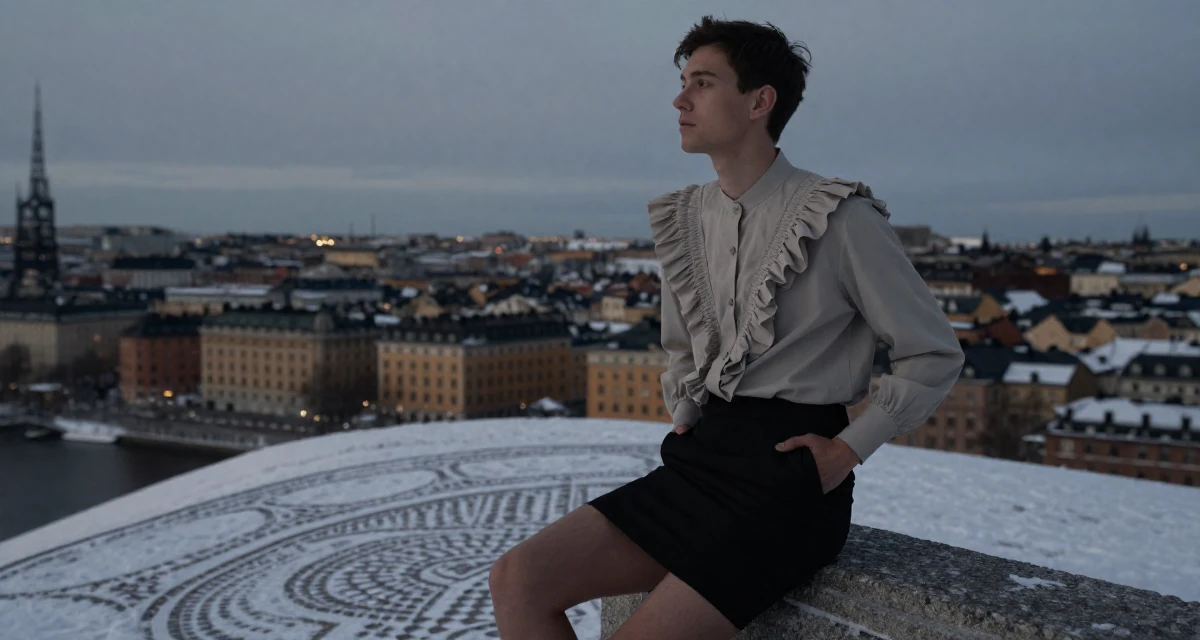 A dreamy male From Stockholm Sweden, holds a degree in product design in their 30, exploring minimalism and intentional living, wearing a ruffled blouse tucked into a tight mini skirt, sliding a hand into a pocket in a snowy mountain peak.