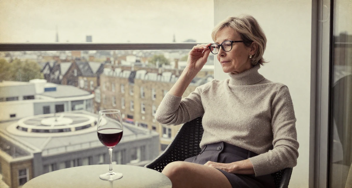 A zen-like Female From London United Kingdom, majored in media studies in their 40, navigating the balance of career and aging parents, wearing a turtleneck sweater tucked into high-waisted shorts, pushing glasses up the nose in a luxury penthouse balcony.