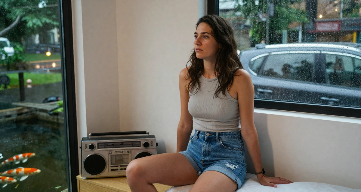 A disinterested Female From Hamburg Germany, majored in sociology in their 46, sharing easy gourmet recipes for two, wearing a fitted ribbed tank top and high-waisted denim shorts, glancing sideways in a minimalist bedroom.
