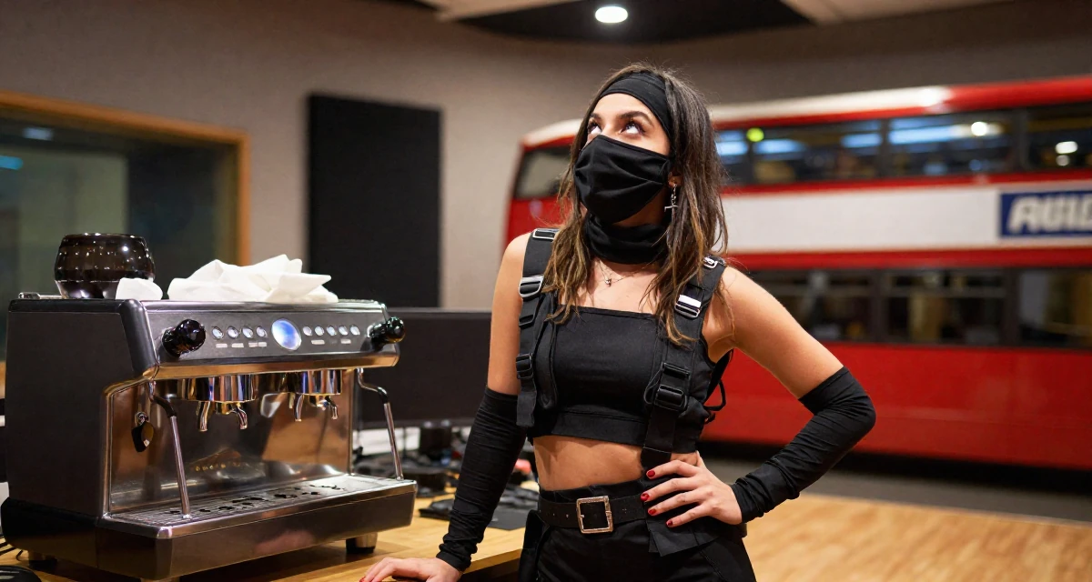 A playful and energetic Female From Colombia, based in Cali, graduated from a local arts school majoring in glam-focused digital media in their 41, sharing tips for staying relevant in tech, wearing a tech-wear ninja outfit with a face mask, gazing at the sky in a music recording studio.
